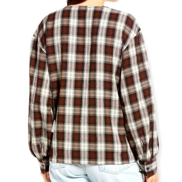 Treasure & Bond Plaid V Neck Button Up Long Sleeved Red White & Brown Boho Shirt - Picture 3 of 7